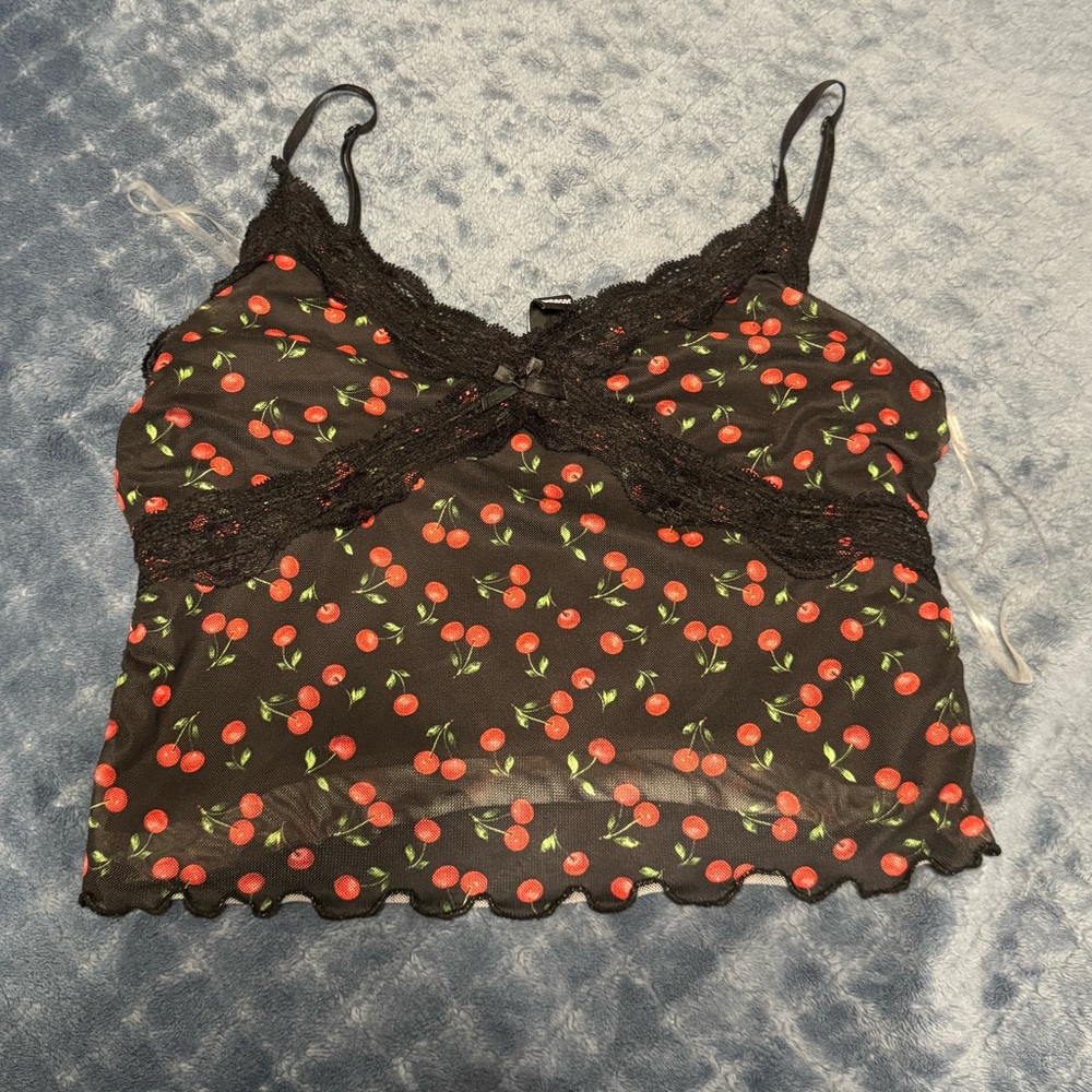 Windsor Black Cami with Red Cherry Print and Lace